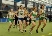 19 March 2011; Sharon Hodgins, Sligo AC, 387, Isseult O'Donnell, 548, Raheny Shamrock AC, Dublin, and Chloe Doran, 547, Raheny Shamrock AC leading the U18 girls 1500m final. Woodie’s DIY National Juvenile Indoor Championships, Meadowbank Indoor Arena, Magherafelt, Derry. Picture credit: Oliver McVeigh / SPORTSFILE