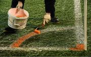 3 November 2016; Ground staff change the markings on the pitch from white to orange before the start of the UEFA Europa League Group D Matchday 4 match between Zenit St Petersburg v Dundalk at Stadion Pertrovskiy in St Petersburg, Russia. Photo by David Maher/Sportsfile