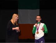3 November 2016; Race walker Robert Heffernan is interviewed by Jacqui Hurley after being presented with the 2012 London Olympic Men's 50km Race Walk Bronze Medal at City Hall in Cork. A result of decisions in relation to six Russian athletes including racewalker Sergey Kirdyapkin who won the Gold Medal at the Olympic Games in London in 2012 smashing the 50km World Record Heffernan who finished fourth in the same race has been retrospectively awarded a Bronze following Kirdyapkin’s disqualification.  Photo by Stephen McCarthy/Sportsfile
