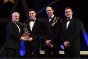 4 November 2016; Tipperary footballer Michael Quinlivan receives his award from Uachtarán Chumann Lúthchleas Gael Aogán Ó Fearghail, in the company of Dermot Earley, 2nd from right, GPA President, and Dave Sheeran, right, Managing Director, Opel Ireland, at the 2016 GAA/GPA Opel All-Stars Awards at the Convention Centre in Dublin. Photo by Ramsey Cardy/Sportsfile