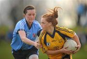 20 March 2011; Sinead O'Mahony, DCU, in action against Naomi McMullan, UUJ. O'Connor Cup Final 2011, Dublin City University v University of Ulster Jordanstown, University of Limerick, Limerick. Picture credit: Stephen McCarthy / SPORTSFILE