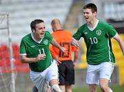 20 March 2011; Jason Moran, left, Ireland, celebrates with team-mate Dara Snell after scoring his side's second goal to win the match in extra-time. CP Invitational Tournament, St. Patrick's Day Cup Final, Ireland v Holland, Tallaght Stadium, Tallaght, Dublin. Picture credit: Brian Lawless / SPORTSFILE