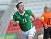 20 March 2011; Jason Moran, Ireland, celebrates after scoring his side's second goal to win the match in extra-time. CP Invitational Tournament, St. Patrick's Day Cup Final, Ireland v Holland, Tallaght Stadium, Tallaght, Dublin. Picture credit: Brian Lawless / SPORTSFILE