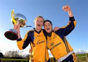 20 March 2011; DCU players Amy McGuinness, left, and Donna English celebrate with the O'Connor Cup. O'Connor Cup Final 2011, Dublin City University v University of Ulster Jordanstown, University of Limerick, Limerick. Picture credit: Stephen McCarthy / SPORTSFILE