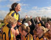 20 March 2011; DCU captain Donna English celebrates with team-mates following their side's victory. O'Connor Cup Final 2011, Dublin City University v University of Ulster Jordanstown, University of Limerick, Limerick. Picture credit: Stephen McCarthy / SPORTSFILE