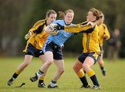 20 March 2011; Sinead Fegan, UUJ, in action against Fiona McHale, right, and Aisling Barrett, DCU. O'Connor Cup Final 2011, Dublin City University v University of Ulster Jordanstown, University of Limerick, Limerick. Picture credit: Stephen McCarthy / SPORTSFILE
