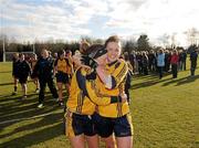 20 March 2011; DCU players Donna English and Fiona McHale, right, celebrate their side's victory. O'Connor Cup Final 2011, Dublin City University v University of Ulster Jordanstown, University of Limerick, Limerick. Picture credit: Stephen McCarthy / SPORTSFILE