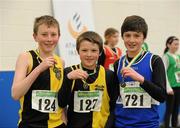 19 March 2011; Competitors, from left to right, Jack Manning, Kilkenny City Harriers, 2nd place, Victor Costello, Kilkenny City Harriers, 1st place, and Jack McGeehan , Finn Valley, 3rd place, with their medals after the U14 Boys High Jump. Woodie’s DIY National Juvenile Indoor Championships, Meadowbank Indoor Arena, Magherafelt, Derry. Picture credit: Oliver McVeigh / SPORTSFILE