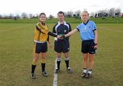 20 March 2011; Referee Sean Joy with DCU captain Donna English, left, and UUJ captain Neamh Woods. O'Connor Cup Final 2011, Dublin City University v University of Ulster Jordanstown, University of Limerick, Limerick. Picture credit: Stephen McCarthy / SPORTSFILE
