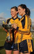 20 March 2011; DCU players, Fiona McHale, left, and Mary Naughton, both from Mayo, with the O'Connor Cup. O'Connor Cup Final 2011, Dublin City University v University of Ulster Jordanstown, University of Limerick, Limerick. Picture credit: Stephen McCarthy / SPORTSFILE