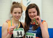 19 March 2011; U18 Girls 60m winner Grainne Moynihan, West Muskerry, Co. Cork, right, with second place Lorraine O'Shea, Kilkenny City Harriers. Woodie’s DIY National Juvenile Indoor Championships, Meadowbank Indoor Arena, Magherafelt, Derry. Picture credit: Oliver McVeigh / SPORTSFILE