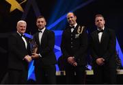 4 November 2016; Tipperary hurler James Barry receives his award from Uachtarán Chumann Lúthchleas Gael Aogán Ó Fearghail, in the company of Dermot Earley, 2nd from right, GPA President, and Dave Sheeran, right, Managing Director, Opel Ireland, at the 2016 GAA/GPA Opel All-Stars Awards at the Convention Centre in Dublin. Photo by Ramsey Cardy/Sportsfile