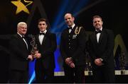 4 November 2016; Galway hurler Daithí Burke receives his award from Uachtarán Chumann Lúthchleas Gael Aogán Ó Fearghail, in the company of Dermot Earley, 2nd from right, GPA President, and Dave Sheeran, right, Managing Director, Opel Ireland, at the 2016 GAA/GPA Opel All-Stars Awards at the Convention Centre in Dublin. Photo by Ramsey Cardy/Sportsfile