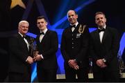4 November 2016; Tipperary hurler Ronan Maher receives his award from Uachtarán Chumann Lúthchleas Gael Aogán Ó Fearghail, in the company of Dermot Earley, 2nd from right, GPA President, and Dave Sheeran, right, Managing Director, Opel Ireland, at the 2016 GAA/GPA Opel All-Stars Awards at the Convention Centre in Dublin. Photo by Ramsey Cardy/Sportsfile