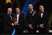 4 November 2016; Galway hurler David Burke receives his award from Uachtarán Chumann Lúthchleas Gael Aogán Ó Fearghail, in the company of Dermot Earley, 2nd from right, GPA President, and Dave Sheeran, right, Managing Director, Opel Ireland, at the 2016 GAA/GPA Opel All-Stars Awards at the Convention Centre in Dublin. Photo by Ramsey Cardy/Sportsfile