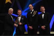 4 November 2016; Kilkenny hurler Richie Hogan receives his award from Uachtarán Chumann Lúthchleas Gael Aogán Ó Fearghail, in the company of Dermot Earley, 2nd from right, GPA President, and Dave Sheeran, right, Managing Director, Opel Ireland, at the 2016 GAA/GPA Opel All-Stars Awards at the Convention Centre in Dublin. Photo by Ramsey Cardy/Sportsfile