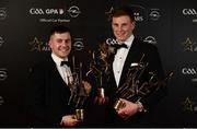 4 November 2016; Waterford hurlers Jamie Barron, left, with his All-Star Award and Austin Gleeson, with his All-Star, Young Hurler of the Year and Hurler of the Year awards at the 2016 GAA/GPA Opel All-Stars Awards at the Convention Centre in Dublin. Photo by Seb Daly/Sportsfile