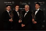 4 November 2016; Uachtarán Chumann Lúthchleas Gael Aogán Ó Fearghail with footballers, from left, Donegal's Ryan McHugh and Tyrone's Peter Harte and Mattie Donnelly at the 2016 GAA/GPA Opel All-Stars Awards at the Convention Centre in Dublin. Photo by Seb Daly/Sportsfile