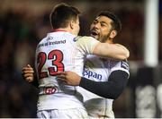 4 November 2016; Jason Stockdale of Ulster celebrates with teammate Charles Piutau, right, after scoring his side's third try during the Guinness PRO12 Round 8 match between Edinburgh Rugby and Ulster at BT Murrayfield Stadium in Edinburgh, Scotland. Photo by Graham Stuart/Sportsfile