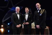 4 November 2016; Lancashire hurler David Cahillane with his Lory Meagher Champions 15 Award in the company of Uachtarán Chumann Lúthchleas Gael Aogán Ó Fearghail, left, and Dermot Earley, GPA President, at the 2016 GAA/GPA Opel All-Stars Awards at the Convention Centre in Dublin. Photo by Piaras Ó Mídheach/Sportsfile