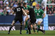 5 November 2016; Jonathan Sexton of Ireland is tackled by Beauden Barrett, left, and Sam Cane of New Zealand during the International rugby match between Ireland and New Zealand at Soldier Field in Chicago, USA. Photo by Brendan Moran/Sportsfile