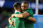 5 November 2016; Conor Murray of Ireland is congratulated by team-mate Simon Zebo, right, after scoring their side's third try against New Zealand during the International rugby match between Ireland and New Zealand at Soldier Field in Chicago, USA. Photo by Brendan Moran/Sportsfile