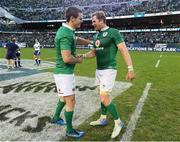 5 November 2016; Jonathan Sexton, left, and Jamie Heaslip of Ireland celebrate after the International rugby match between Ireland and New Zealand at Soldier Field in Chicago, USA. Photo by Brendan Moran/Sportsfile