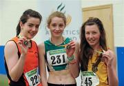 19 March 2011; U15 girls high jump winner Neasa Murphy, Ferrybank, Co. Waterford, centre, with second place Deirbhile Ryan, Nenagh Olympic, Co. Tipperary, left, and third place Eimear O'Donoghue, Kilkenny City Harriers. Woodie’s DIY National Juvenile Indoor Championships, Meadowbank Indoor Arena, Magherafelt, Derry. Picture credit: Oliver McVeigh / SPORTSFILE