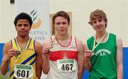 19 March 2011; U18 boys 60m hurdles winner Simon Callaghan, Galway City Harriers, centre, with second place Joshua Essuman, Dublin Striders, left, and third place John Power, Ferrybank, Co. Waterford. Woodie’s DIY National Junior Indoor Championships, Meadowbank Indoor Arena, Magherafelt, Derry. Picture credit: Oliver McVeigh / SPORTSFILE