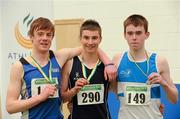 19 March 2011;  U16 boys high jump winner Sam Healy, Belgooly, Co. Cork, centre, with second place Mark Rogers, St. Peters, Co. Louth, left, and third place Adam Murphy, St. Lawerence O'Toole, Co. Carlow. Woodie’s DIY National Junior Indoor Championships, Meadowbank Indoor Arena, Magherafelt, Derry. Picture credit: Oliver McVeigh / SPORTSFILE