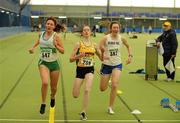 19 March 2011; Athletes, from left, Chloe Doran, Raheny Shamrock, Dublin, Harriet Flynn, Shannon, Co. Clare, and Sharon Hodgins, Sligo, in a close finish of the U19 girls 500m. Woodie’s DIY National Junior Indoor Championships, Meadowbank Indoor Arena, Magherafelt, Derry. Picture credit: Oliver McVeigh / SPORTSFILE