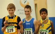 19 March 2011; U14 boys 60m hurdles winner Ryan Murray, Bree AC, Co. Wexford, centre, with second place Jack Murphy, Leevale, Co. Cork, left, and third place Simon Essuman, Dublin Striders. Woodie’s DIY National Junior Indoor Championships, Meadowbank Indoor Arena, Magherafelt, Derry. Picture credit: Oliver McVeigh / SPORTSFILE