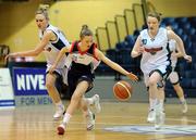 23 March 2011; Edel Thornton, St.Vincents, Cork, in action against Deirdre O'Shea, left, and Clare Brennan, Mercy Mounthawk, Tralee, Co. Kerry. Basketball Ireland Girls U16A Schools League Final, St.Vincents, Cork v Mercy Mounthawk, Tralee, Co. Kerry, National Basketball Arena, Tallaght, Co. Dublin. Picture credit: Brian Lawless / SPORTSFILE