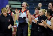 23 March 2011; Edel Thornton, second from left, St. Vincents, Cork, celebrates alongside her team-mates. Basketball Ireland Girls U16A Schools League Final, St.Vincents, Cork v Mercy Mounthawk, Tralee, Co. Kerry, National Basketball Arena, Tallaght, Co. Dublin. Picture credit: Brian Lawless / SPORTSFILE