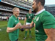 5 November 2016; Ireland head coach Joe Schmidt, left, and Rob Kearney celebrate victory after the International rugby match between Ireland and New Zealand at Soldier Field in Chicago, USA. Photo by Brendan Moran/Sportsfile