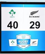 5 November 2016; The final score in the International rugby match between Ireland and New Zealand at Soldier Field in Chicago, USA. Photo by Brendan Moran/Sportsfile