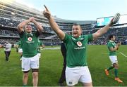 5 November 2016; Ireland players, from left, Donnacha Ryan, Jack McGrath and Joey Carbery celebrate victory after the International rugby match between Ireland and New Zealand at Soldier Field in Chicago, USA. Photo by Brendan Moran/Sportsfile