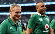 5 November 2016; Ireland head coach Joe Schmidt and Simon Zebo of Ireland celebrate victory after the International rugby match between Ireland and New Zealand at Soldier Field in Chicago, USA. Photo by Brendan Moran/Sportsfile