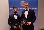 4 November 2016; Leitrim hurlers Zak Moradi, left, and Colm Moreton with their Lory Meagher Champions 15 Awards, at the 2016 GAA/GPA Opel All-Stars Awards at the Convention Centre in Dublin. Photo by Piaras Ó Mídheach/Sportsfile