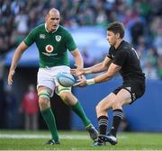 5 November 2016; Beauden Barrett of New Zealand in action against Devin Toner of Ireland during the International rugby match between Ireland and New Zealand at Soldier Field in Chicago, USA. Photo by Brendan Moran/Sportsfile