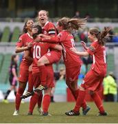 6 November 2016; Pearl Slattery, centre, captain of Shelbourne Ladies celebrates with her team-mates at the end of the Continental Tyres FAI Women's Senior Cup Final game between Shelbourne Ladies and Wexford Youths at Aviva Stadium in Lansdowne Road, Dublin. Photo by David Maher/Sportsfile
