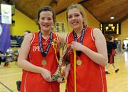 24 March 2011; Colaiste Chiarain, Leixlip, Co. Kildare captains Erin Bracken and Aoife Masterson with the trophy at the end of the game. Basketball Ireland Girls U16C Schools League Final, Colaiste Chiarain, Leixlip, Co. Kildare v St. Louis Community School, Kiltimagh, Co. Mayo, National Basketball Arena, Tallaght, Co. Dublin. Picture credit: Barry Cregg / SPORTSFILE