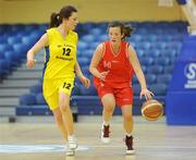 24 March 2011; Erin Bracken, right, Colaiste Chiarain, Leixlip, Co. Kildare, in action against Melissa Regan, St. Louis Community School, Kiltimagh, Co. Mayo. Basketball Ireland Girls U16C Schools League Final, Colaiste Chiarain, Leixlip, Co. Kildare v St. Louis Community School, Kiltimagh, Co. Mayo, National Basketball Arena, Tallaght, Co. Dublin. Picture credit: Barry Cregg / SPORTSFILE