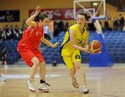 24 March 2011; Elisha Lavelle, St. Louis Community School, Kiltimagh, Co. Mayo, in action against Keelin Kane, Colaiste Chiarain, Leixlip, Co. Kildare. Basketball Ireland Girls U16C Schools League Final, Colaiste Chiarain, Leixlip, Co. Kildare v St. Louis Community School, Kiltimagh, Co. Mayo, National Basketball Arena, Tallaght, Co. Dublin. Picture credit: Barry Cregg / SPORTSFILE