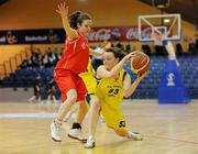 24 March 2011; Elisha Lavelle, St. Louis Community School, Kiltimagh, Co. Mayo, in action against Keelin Kane, Colaiste Chiarain, Leixlip, Co. Kildare. Basketball Ireland Girls U16C Schools League Final, Colaiste Chiarain, Leixlip, Co. Kildare v St. Louis Community School, Kiltimagh, Co. Mayo, National Basketball Arena, Tallaght, Co. Dublin. Picture credit: Barry Cregg / SPORTSFILE