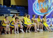 24 March 2011; Dejected St. Louis Community School, Kiltimagh, Co. Mayo, players as they realise they have lost the game in extra-time. Basketball Ireland Girls U16C Schools League Final, Colaiste Chiarain, Leixlip, Co. Kildare v St. Louis Community School, Kiltimagh, Co. Mayo, National Basketball Arena, Tallaght, Co. Dublin. Picture credit: Barry Cregg / SPORTSFILE