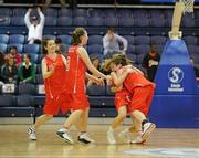 24 March 2011; Colaiste Chiarain, Leixlip, Co. Kildare, players celebrate at the end of the game. Basketball Ireland Girls U16C Schools League Final, Colaiste Chiarain, Leixlip, Co. Kildare v St. Louis Community School, Kiltimagh, Co. Mayo, National Basketball Arena, Tallaght, Co. Dublin. Picture credit: Barry Cregg / SPORTSFILE