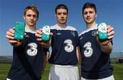 24 March 2011; Three and Samsung unveil limited edition FAI handset range. Republic of Ireland Senior International players, from left, Kevin Doyle, Darren O'Dea and Shane Long at the launch of the new FAI Limited Edition range of Samsung handsets, available exclusively on Three, proud sponsors of the Republic of Ireland Senior International Team. Aimed at football supporters, the handsets come with a limited edition FAI phone back and are pre-loaded with football apps and links to 3football.ie for all of the latest news on Irish football. The limited edition handset range includes: Samsung Galaxy S, Samsung Galaxy Europa, Samsung Galaxy Ace, Samsung Galaxy Mini and Samsung Acton S3370. Gannon Park, Malahide, Co. Dublin. Picture credit: Brendan Moran / SPORTSFILE