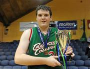 24 March 2011; Calasanctius College, Oranmore, Co. Galway, captain Kenneth Hansberry with the trophy after the game. Basketball Ireland Boys U19A Schools League Final, Calasanctius College, Oranmore, Co. Galway v Castleisland Community College, Castleisland, Co. Kerry, National Basketball Arena, Tallaght, Co. Dublin. Picture credit: Barry Cregg / SPORTSFILE