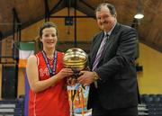 24 March 2011; Colaiste Chiarain, Leixlip, Co. Kildare, captain Erin Bracken receives the Most Valuable Player award from Bernard O'Byrne, General Secretary of Basketball Ireland. Basketball Ireland Girls U16C Schools League Final, Colaiste Chiarain, Leixlip, Co. Kildare v St. Louis Community School, Kiltimagh, Co. Mayo, National Basketball Arena, Tallaght, Co. Dublin. Picture credit: Barry Cregg / SPORTSFILE